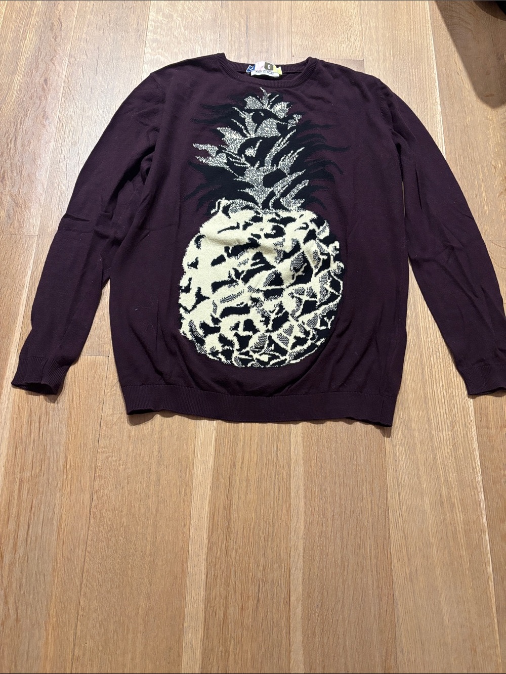 MSGM Burgundy Crewneck Sweater with Cream Pineapple Motif